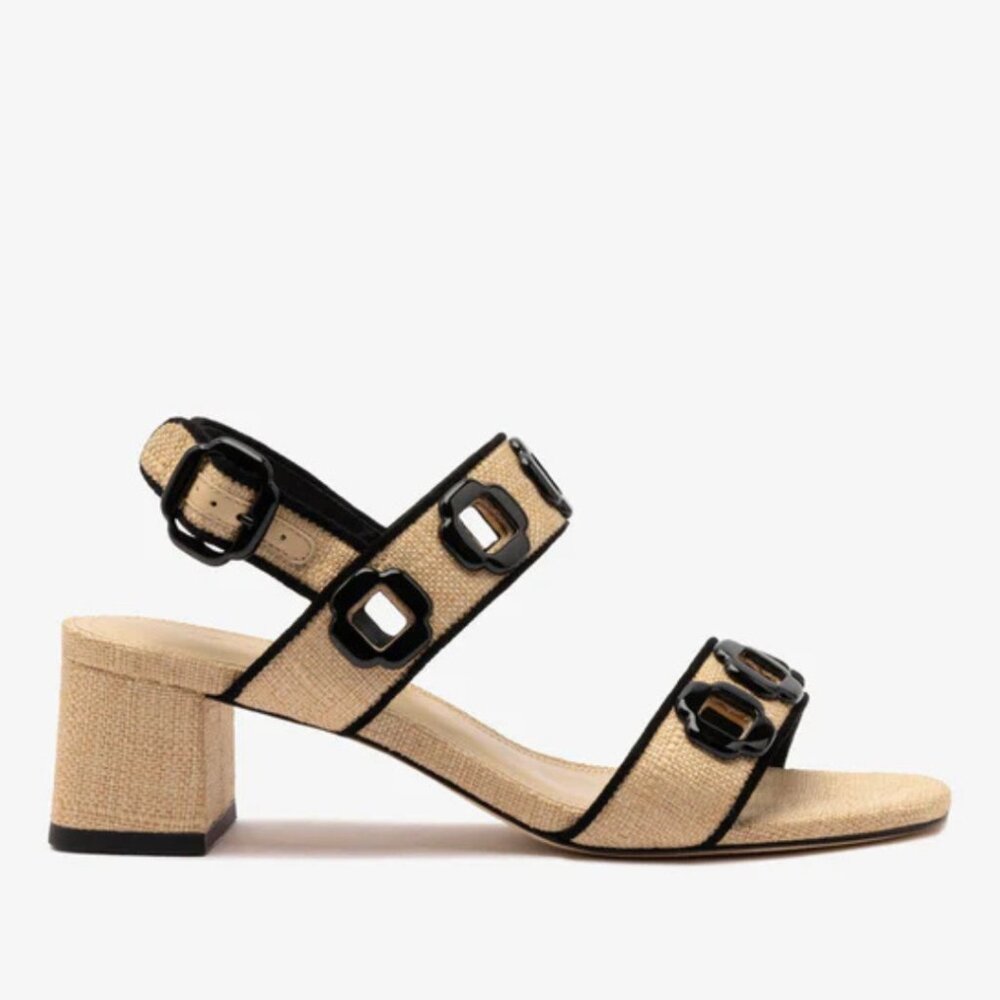 Larroudé Milan Sandal In Beige Raffia and Black Trimming - Picture 2 of 6
